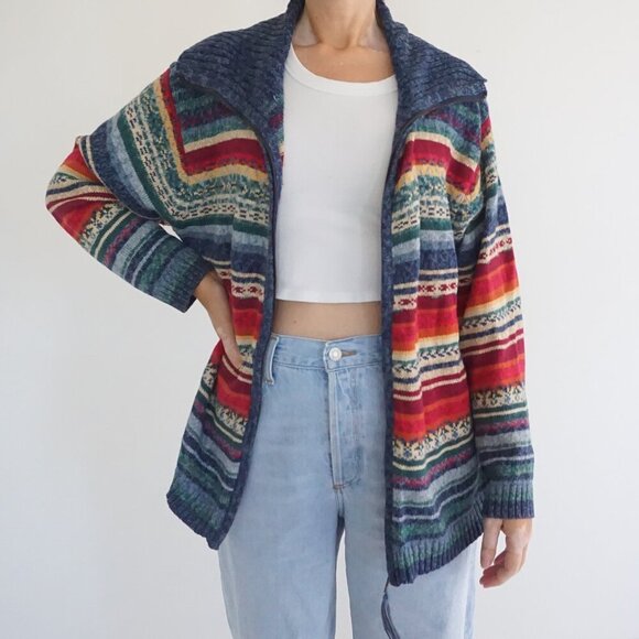 Sweaters - Vintage Tiara Blue Stripe Zip Front Knit Cardigan Cabincore Eclectic Grandpa M